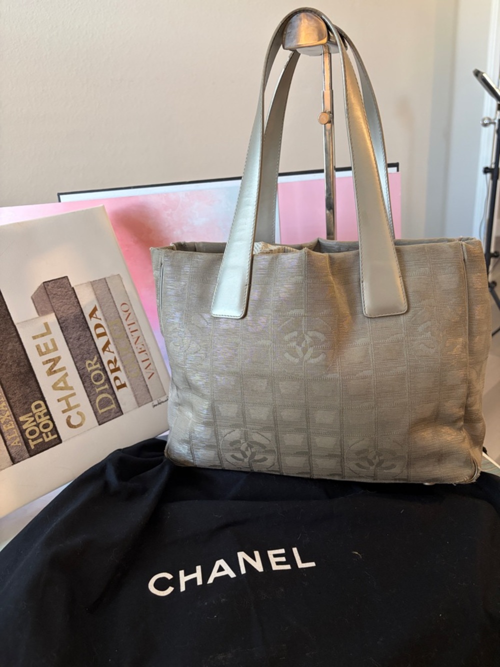 CHANEL Metallic Taupe Quilted Logo Tote with Leather Handles